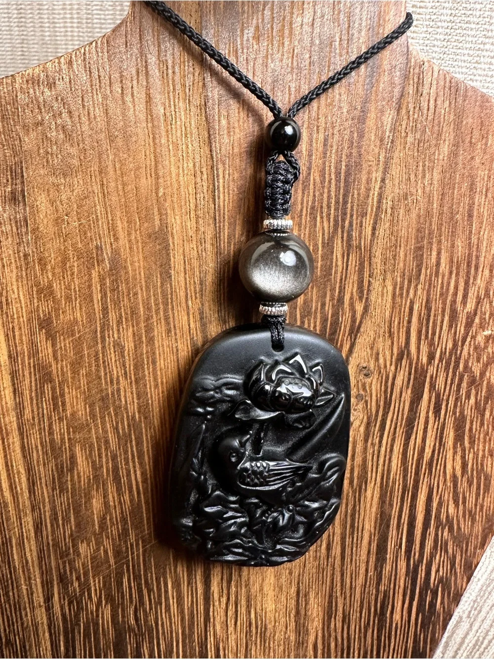 Obsidian Bird and Lotus Carving Pendant Necklace on Black Adjustable Rope